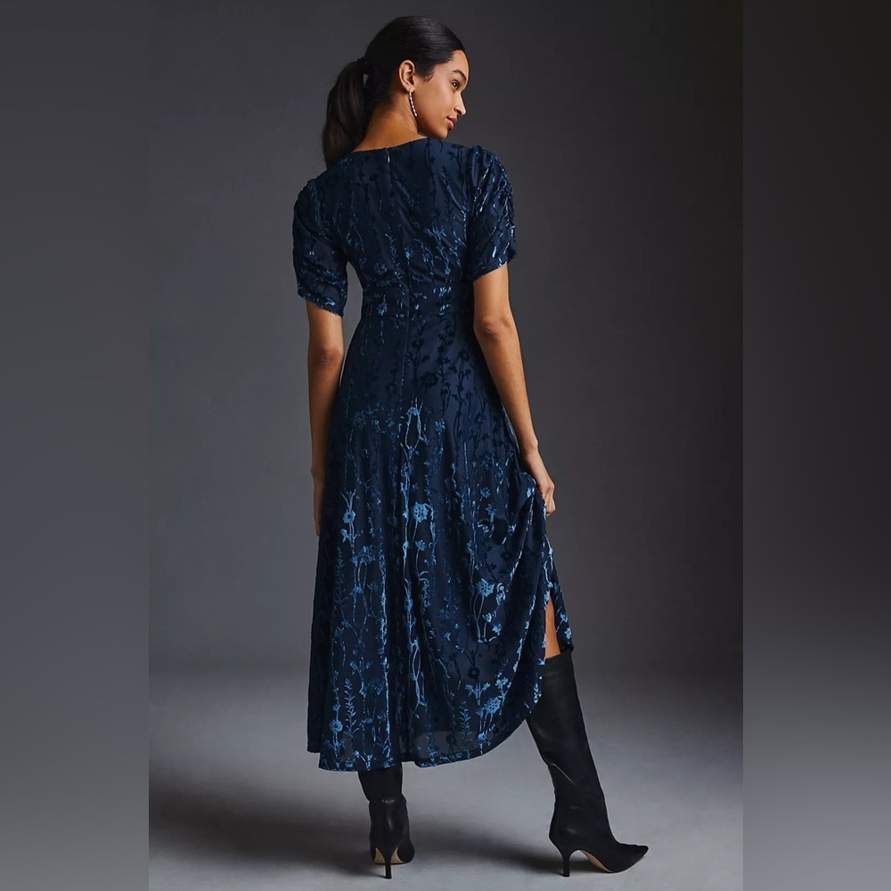 Anthropologie Hutch Puff Sleeve Burnt Velvet Midi Dress Womens 2 Blue Midi - Picture 4 of 12